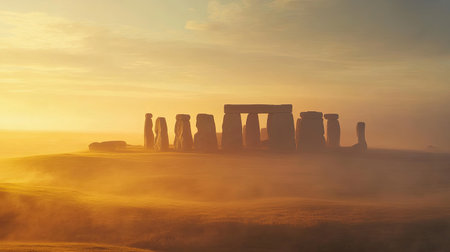A panoramic shot of Stonehenge at dawn, with the first rays of sunlight breaking through the mist, highlighting the mysterious beauty of this ancient monumentの素材