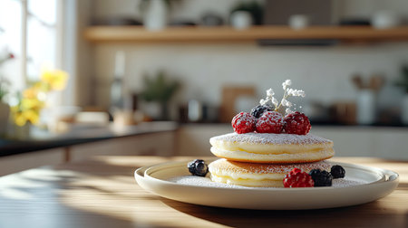A serene breakfast scene with a plate of Japanese pancakes, powdered sugar, and fresh berries, with a soft-focus background of a modern kitchenの素材
