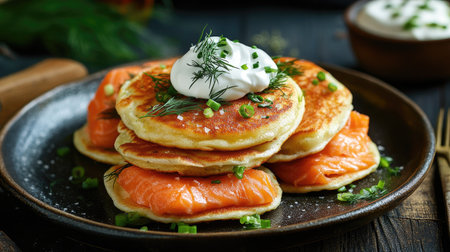 A rustic plate of blinchiki with salmon and a generous dollop of sour cream, garnished with dill and green onions. A delicious appetizer for festive occasionsの素材