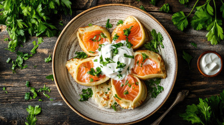 A plate of savory blinchiki filled with salmon and topped with sour cream, surrounded by fresh herbs on a rustic wooden background. A delicious feast for Maslenitsaの素材