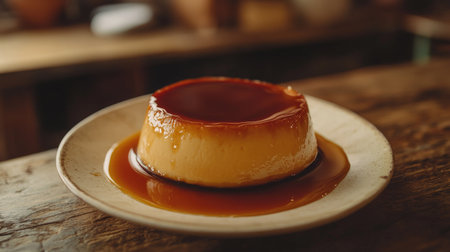 A plate of homemade flan topped with rich caramel sauce, glistening under soft light. A perfect dessert moment captured on a rustic wooden tableの素材