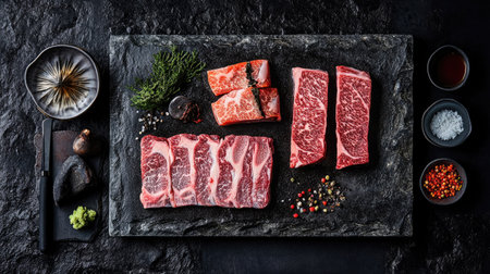 A selection of raw Wagyu A5 beef, beautifully arranged for yakiniku, with visible marbling. A gourmet setup, perfect for high-end restaurant and food visuals.の素材