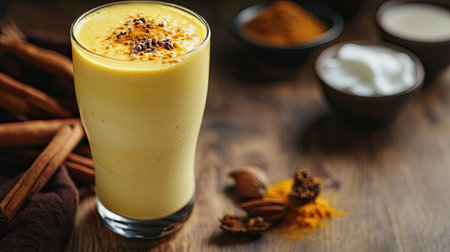 A refreshing glass of turmeric lassi with a frothy top, placed on a wooden table with space for text, surrounded by traditional Indian spices, milk, and curd, a probiotic drinkの素材