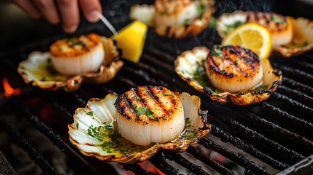 A seafood chef prepares scallops in their shells for grilling, arranging them on a barbecue with fresh herbs, lemon wedges, and a touch of olive oil.の素材