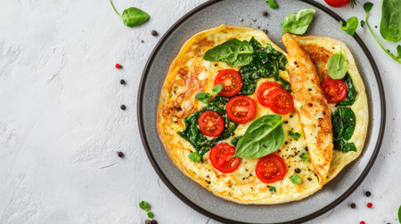 A savory omelette stuffed with tomatoes and spinach, arranged on a light stone background, photographed from above to emphasize the fresh ingredients and inviting presentation,の素材