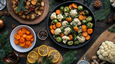 A top-down shot of a vegan holiday feast with roasted vegetables like Brussels sprouts, carrots, and cauliflower, accompanied by mushrooms and a plant-based cakeの素材