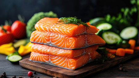 A stack of succulent, fresh salmon fillets with their rich color, placed on a dark wooden background, paired with a variety of vibrant, steamed vegetablesの素材