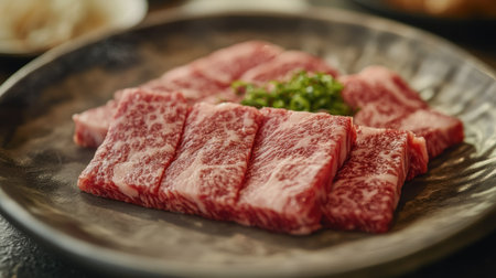A set of raw Wagyu A5 beef slices arranged on a plate for yakiniku, showcasing fine marbling and quality. Perfect for gourmet dining and BBQ themes.の素材