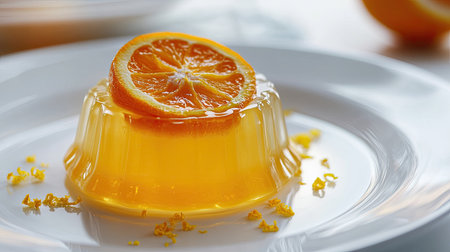 A single-serving orange jelly on a white plate, garnished with a slice of fresh orange and a sprinkle of zest, with a bright, clean backgroundの素材