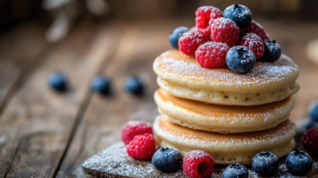 A stack of fluffy Japanese pancakes topped with fresh blueberries and raspberries, lightly dusted with powdered sugar, set on a rustic wooden tableの素材