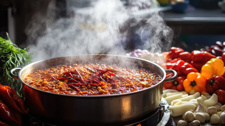 A steaming hot pot with a rich, spicy broth base filled with chili peppers, garlic, and Sichuan peppercorns, surrounded by an array of fresh ingredients ready to be cookedの素材