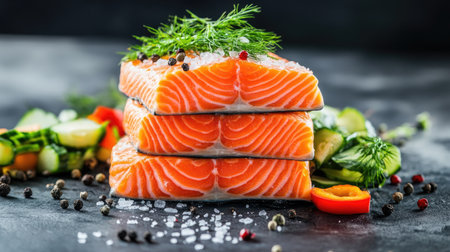 A stack of fresh salmon fish fillets with a sprinkling of sea salt, black pepper, and fresh dill, accompanied by steamed vegetables for a delicious and nutritious dishの素材