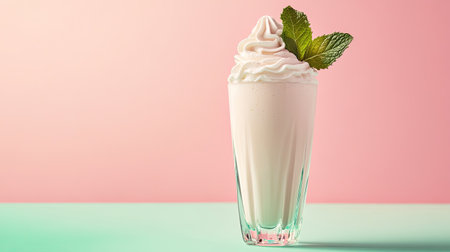 A tall glass of boozy frozen mint milkshake with whipped cream and a sprig of mint on top, on a pastel background, perfect for a summer drink photo or menu coverの素材