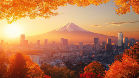 A sunset view of Mount Fuji seen from Tokyo, with the city skyline bathed in the warm hues of autumn. Skyscrapers blend with the natural beauty of the seasonの素材