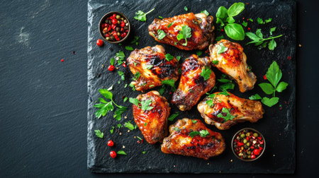 A top view of a plate with roasted chicken wings, beautifully garnished with herbs, on a textured black stone surface. Perfect for food and dining themesの素材