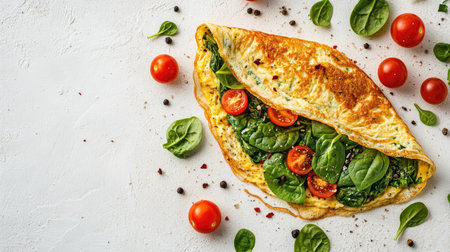 A top view of a stuffed omelette with spinach and tomatoes, laid out on a light stone surface, showcasing the vibrant colors and healthy ingredients, perfect for breakfast photography,の素材