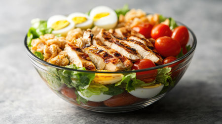 A side view of a Caesar salad in a clear bowl, layered with crisp lettuce, cherry tomatoes, hard-boiled eggs, and grilled chicken, topped with a light drizzle of dressingの素材
