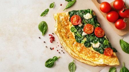 A top view of a stuffed omelette with spinach and tomatoes, laid out on a light stone surface, showcasing the vibrant colors and healthy ingredients, perfect for breakfast photography,の素材