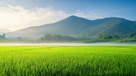 A vibrant green rice field with a mountain backdrop in the early morning light, Nan province, Thailand, with mist rising from the fields under a soft, clear skyの素材