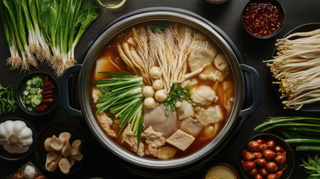 A top-down view of a Dolsot hotpot filled with Samgyetang, surrounded by fresh ingredients like ginseng, garlic, jujubes, and green onions, ready to be servedの素材