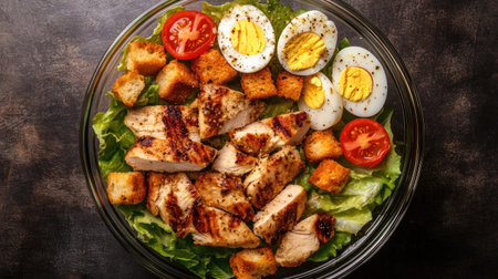 A top-down view of a Caesar salad in a clear glass bowl, showcasing fresh lettuce, diced tomatoes, halved boiled eggs, and seasoned grilled chicken, with croutons on topの素材