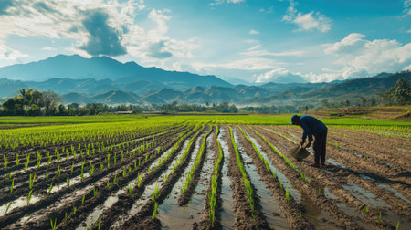 A traditional farmer planting rice by hand in the vast fields of Grobogan, Indonesia, April 2023, with neat rows of young plants and mountains in the distanceの素材
