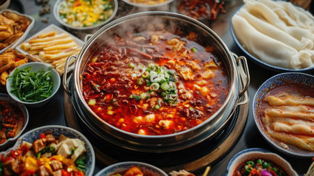 A traditional Chinese restaurant scene with a Chongqing hot pot at the center, with a rich red broth filled with spices, and various side dishes arranged around itの素材