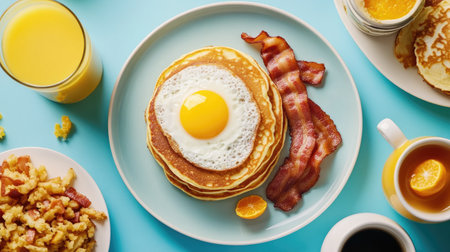 A vibrant breakfast flat lay showcasing sunny-side-up eggs, bacon, hash browns, and a stack of pancakes with a side of orange juice and coffee, with copy spaceの素材
