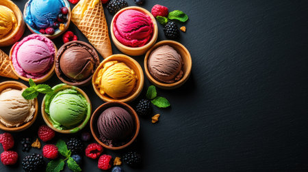 A variety of colorful ice cream scoops in bowls, surrounded by waffle cones and fresh berries on a black background, top view with copy space for a vibrant dessert concept.の素材