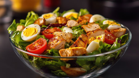 A vibrant Caesar salad served in a clear bowl, filled with fresh greens, juicy tomato slices, halved boiled eggs, and chunks of grilled chicken, with a tangy dressingの素材