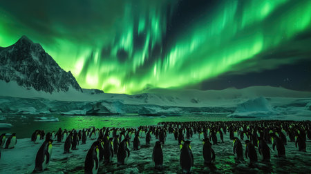 A captivating image of the aurora australis dancing above a colony of penguins in Antarctica, creating a surreal and magical scene.の素材