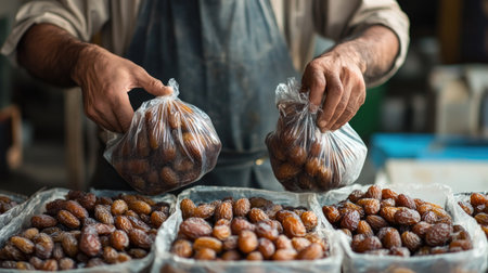 A farmer packaging dates into small bags for sale.の素材