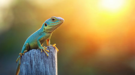 A Common Green forest lizard perched on a wooden pole at sunset, its vibrant colors bathed in warm, golden light.の素材