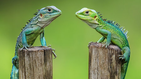 A Common Green forest lizard interacting with another lizard on a wooden pole, displaying territorial or courtship behaviors.の素材