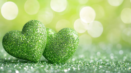 Sparkling green hearts with bokeh effects, set against a fresh and cute background filled with glitter.の素材