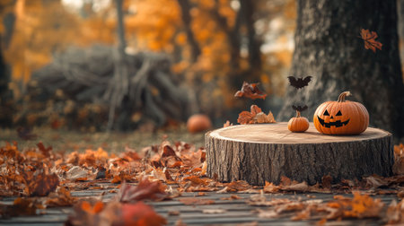 Rustic wooden podium set in a vibrant autumn forest, surrounded by fallen leaves, pumpkins, and spooky Halloween-themed props. Perfect for seasonal product display.の素材