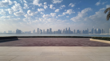 Skyline View: Doha, Qatar's skyline from Sheraton Park on January 14, 2022, with clouds enhancing the daylight view.の素材