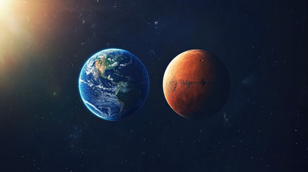 Stunning alignment of Earth and Mars, viewed from space, highlighting the differences between the blue planet and the red planet. Elements furnished by NASAの素材