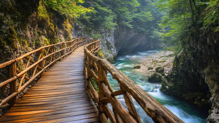 Vintgar Gorge Scenic Path: Picturesque view of the wooden walkways along Vintgar Gorge, offering a close-up experience of the Radovna River's beauty.の素材