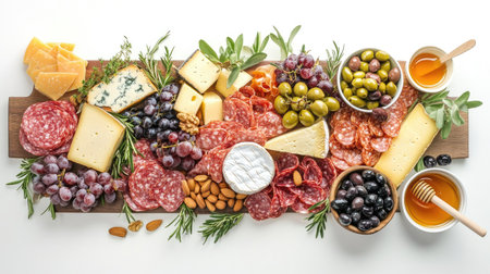 A beautifully arranged charcuterie board with assorted cheeses, meats, grapes, and nuts, with small bowls of olives and honey on a pristine white backgroundの素材