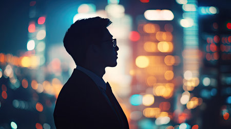 Young businessman's silhouette side view against a bright city at night, symbolizing the ambition of corporate life.の素材