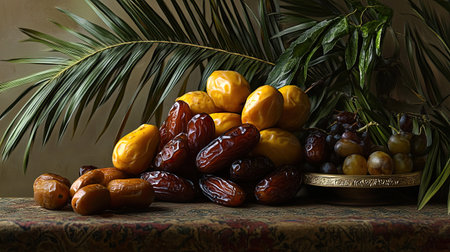 A still life arrangement featuring dates, other fruits, and palm leaves, showcasing the dark yellow color and natural beauty of the dates.の素材