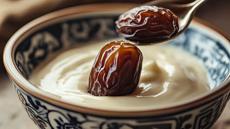 A close-up of a date palm fruit being added to a bowl of yogurt, creating a healthy and delicious snack.の素材