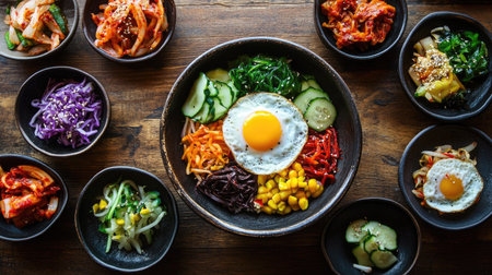 A beautifully arranged bibimbap bowl with colorful vegetables, a sunny-side-up egg, and a variety of side dishes like kimchi and pickled radish on a rustic table settingの素材