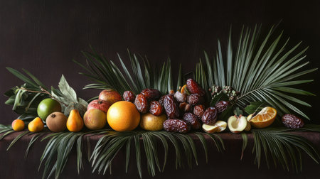 A still life arrangement featuring dates, other fruits, and palm leaves, creating a vibrant and inviting scene.の素材