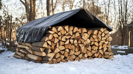 A large stack of firewood under a tarp in a backyard, protected from the elements, ready for use in a fireplace or wood-burning stove during winterの素材