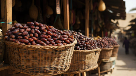 A traditional market stall overflowing with baskets of fresh dates, harvested from nearby date palm plantations.の素材