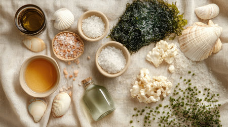 An array of natural spa products inspired by the sea, featuring seaweed, sea salt, shells, and oils, arranged aesthetically on a light-colored fabric.の素材
