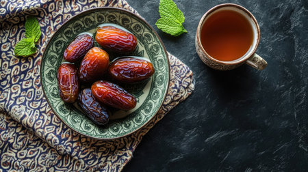 Bowl of dates placed on a patterned cloth with a cup of mint tea beside it, evoking a Middle Eastern tea-time setting rich in culture and traditionの素材