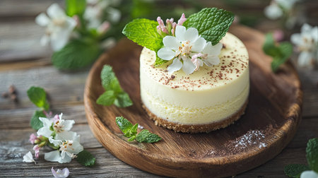 An artisanal mousse cake with a white chocolate topping, placed on a rustic wooden table, with delicate edible flowers and fresh mint leaves for added charmの素材